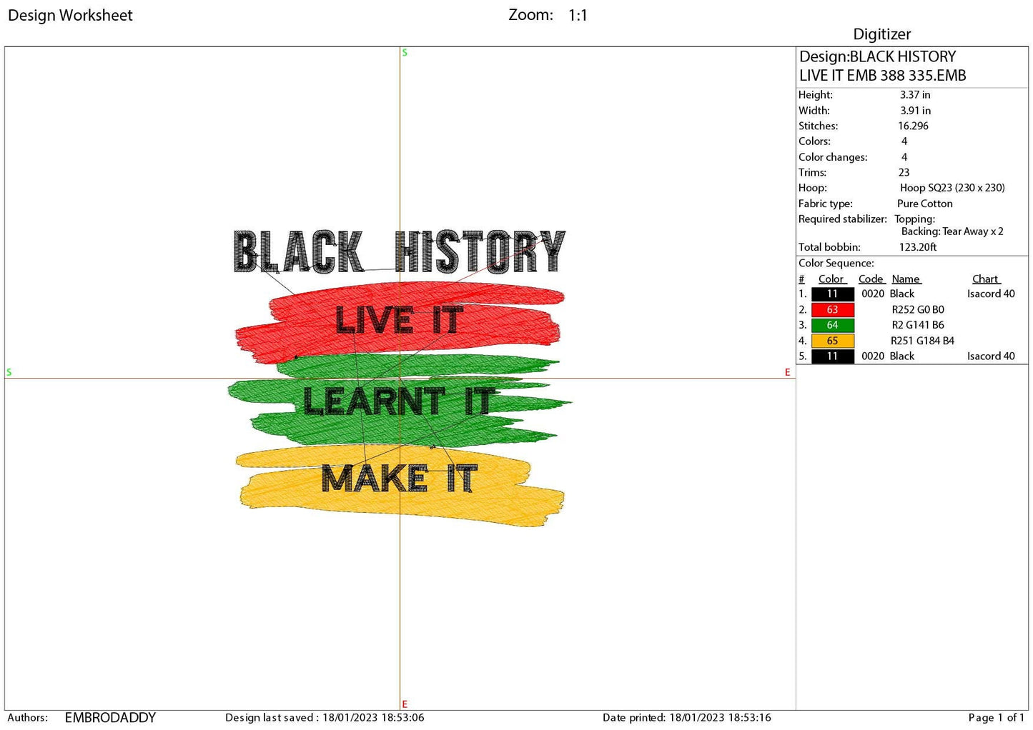 Machine Embroidery files, Black History live it, learnt it, make it PES, xxx, hus & more, embroidery files