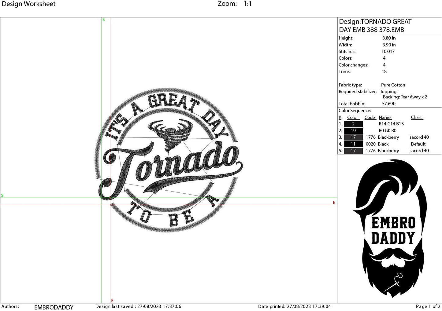 Machine Embroidery files, It's a Great Day To Be A Tornado, PES, xxx, hus & more, embroidery files