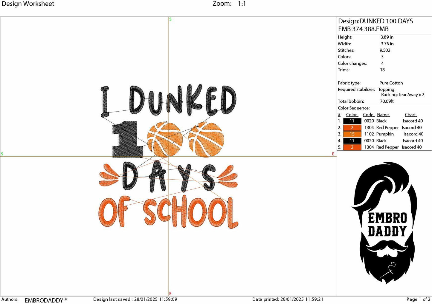 Machine Embroidery files, 100 Days of School, I Dunked 100 Days of School, basketball, DST, PES, xxx, hus & more