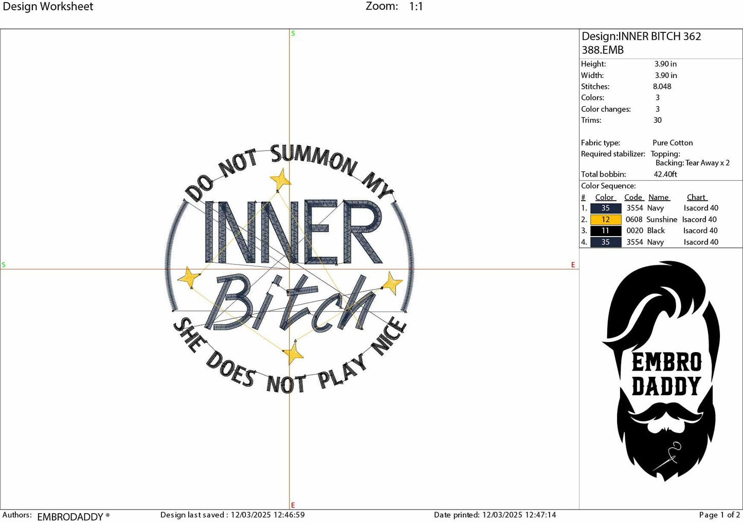 Machine Embroidery files, Do Not Summon My Inner Bitch She Does Not Play Nice, Humor, Sarcastic, Funny Adult PES, DST, xxx, hus & more