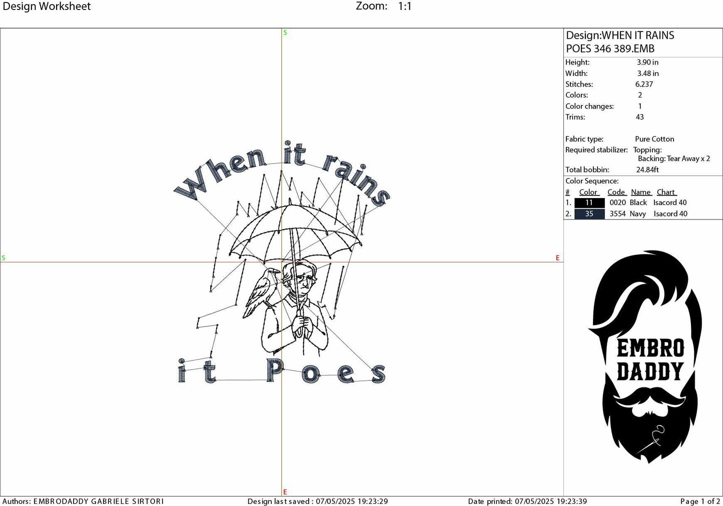 Machine Embroidery files, When it Rains It Poes, Edgar Allan Poe, Literature Puns, Librarian , Funny Horror Book, DST, PES, xxx, hus & more