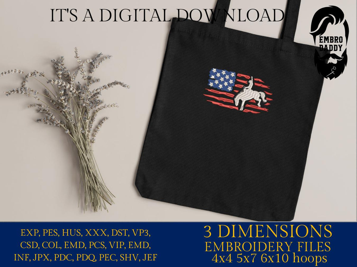 Machine Embroidery files, Usa flag rodeo horse, embroidery files, rider, rodeo, cowboy, PES, dst, xxx, hus & more