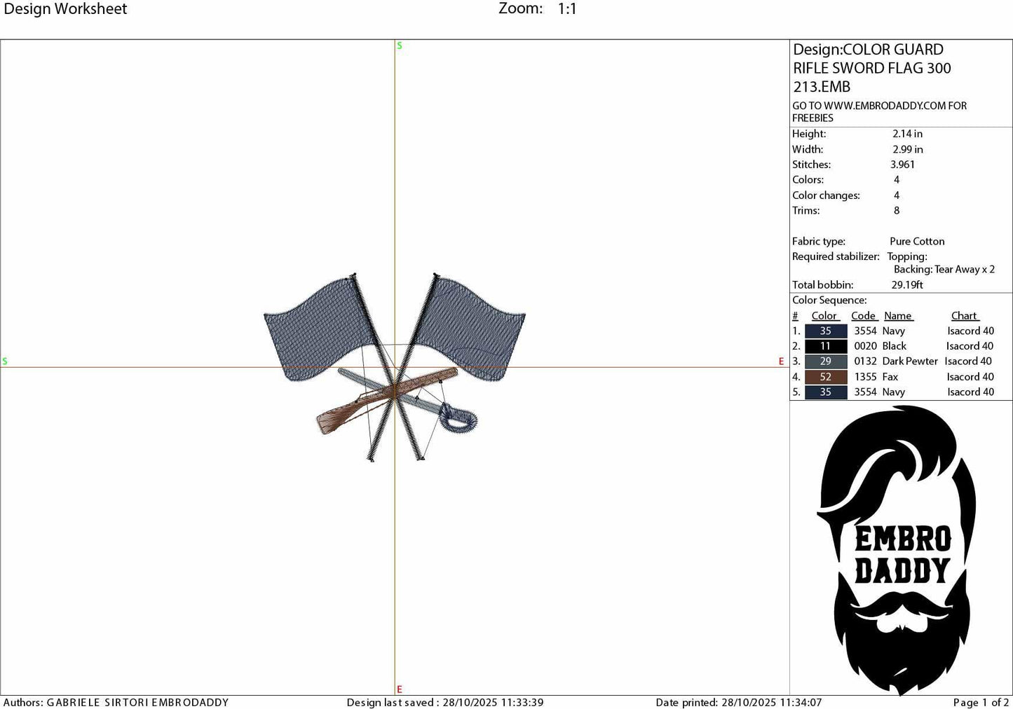 Machine Embroidery files, Crossed Color Guard, Marching Band Flags, Sabre, Rifle, PES, xxx, dst, hus & more