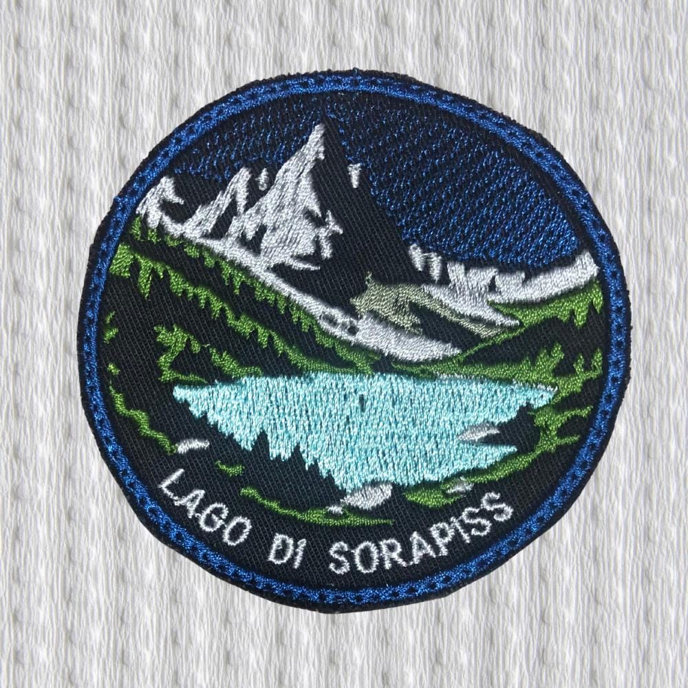 Lago di Sorapiss Iron-On Patch – Embroidered Mountain Badge, Italian Alps Souvenir, Travel Patch for Backpack, Jacket, Hiking Gear