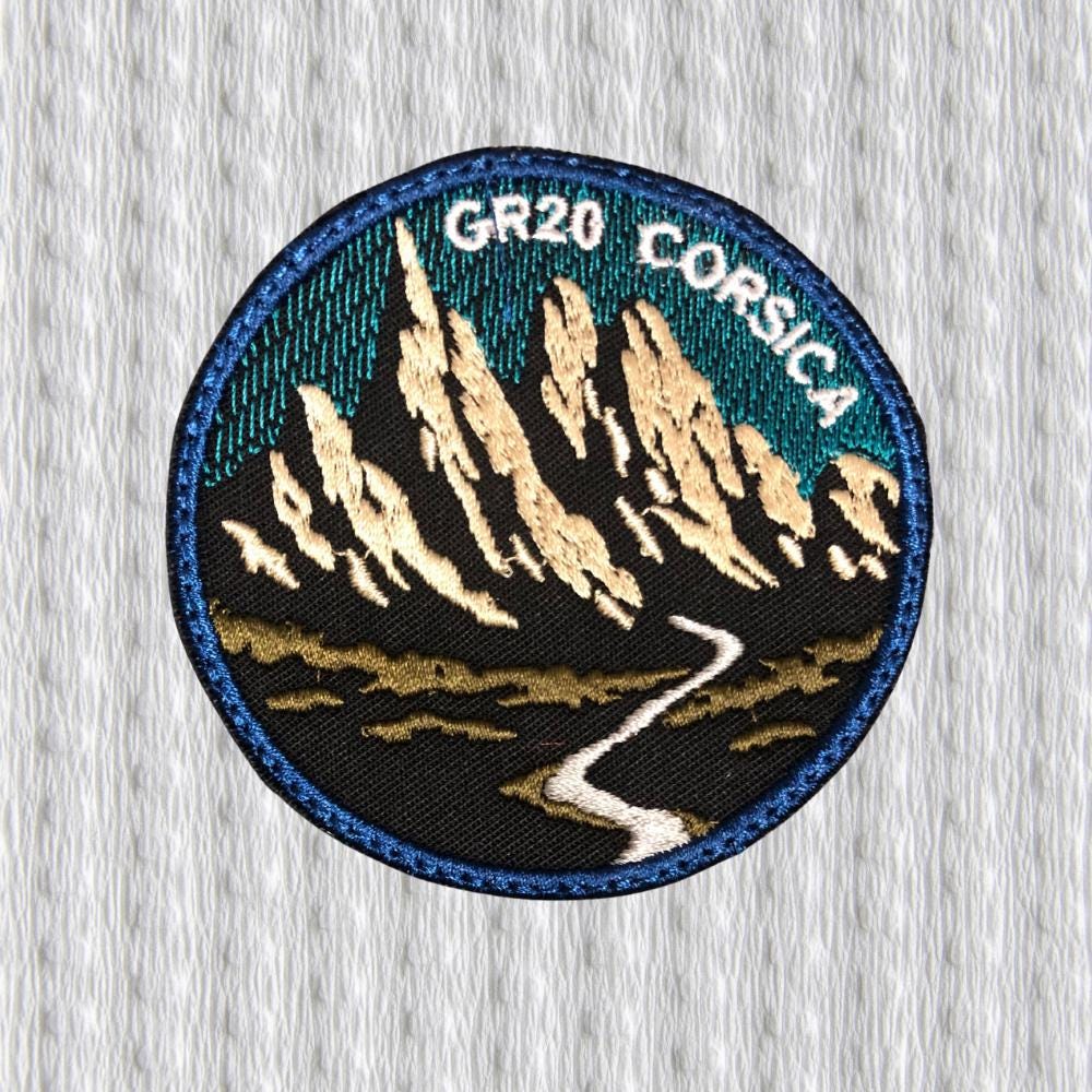 GR20 Corsica Embroidered Patch – Round Hiking Trail Badge, Mountain Adventure Patch, Outdoor Travel Souvenir