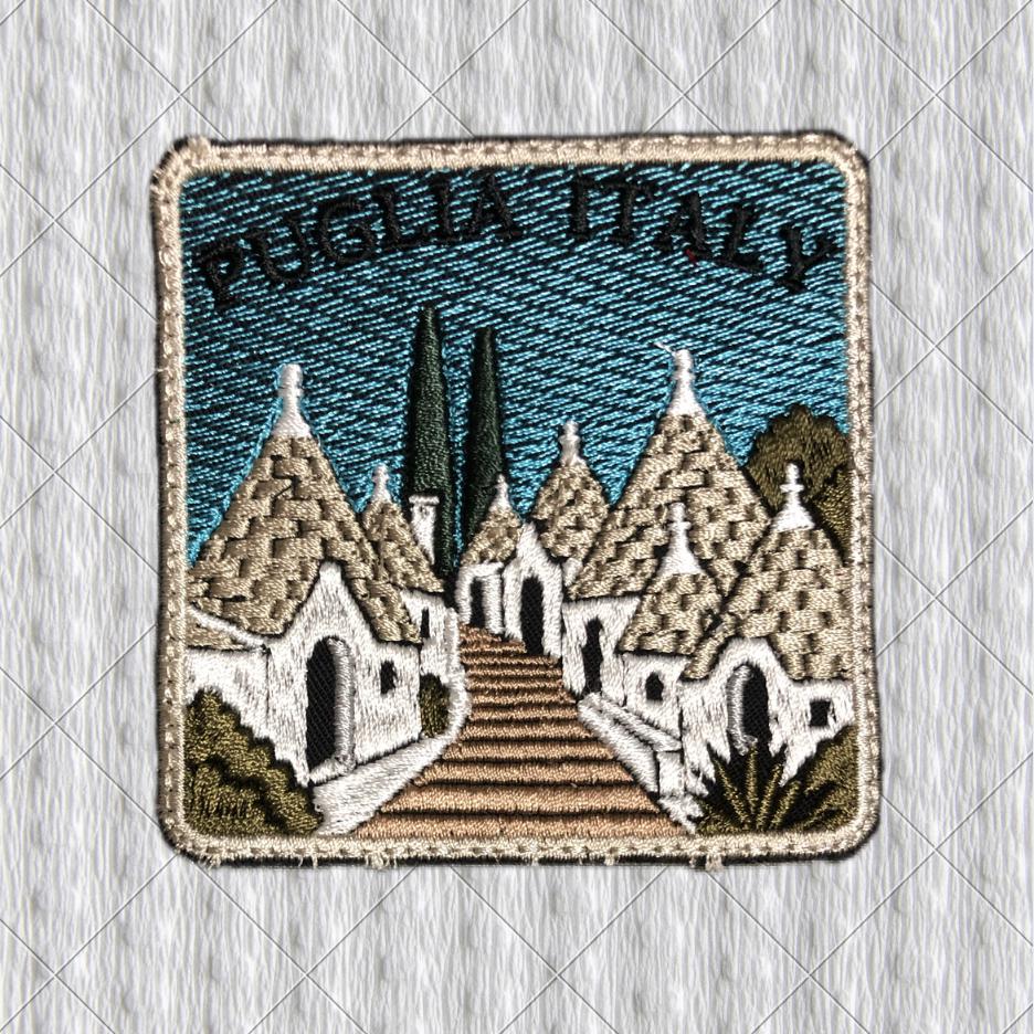 Puglia Trulli Patch, Alberobello Italy Embroidered Badge, Apulia Travel Souvenir Patch, Italian Village Patch, Trullo House Iron On Patch