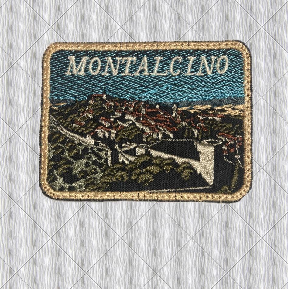 Montalcino Patch, Tuscany Embroidered Travel Souvenir, Medieval Hilltop Town Patch, Italy Castle Patch, Wine Country Badge