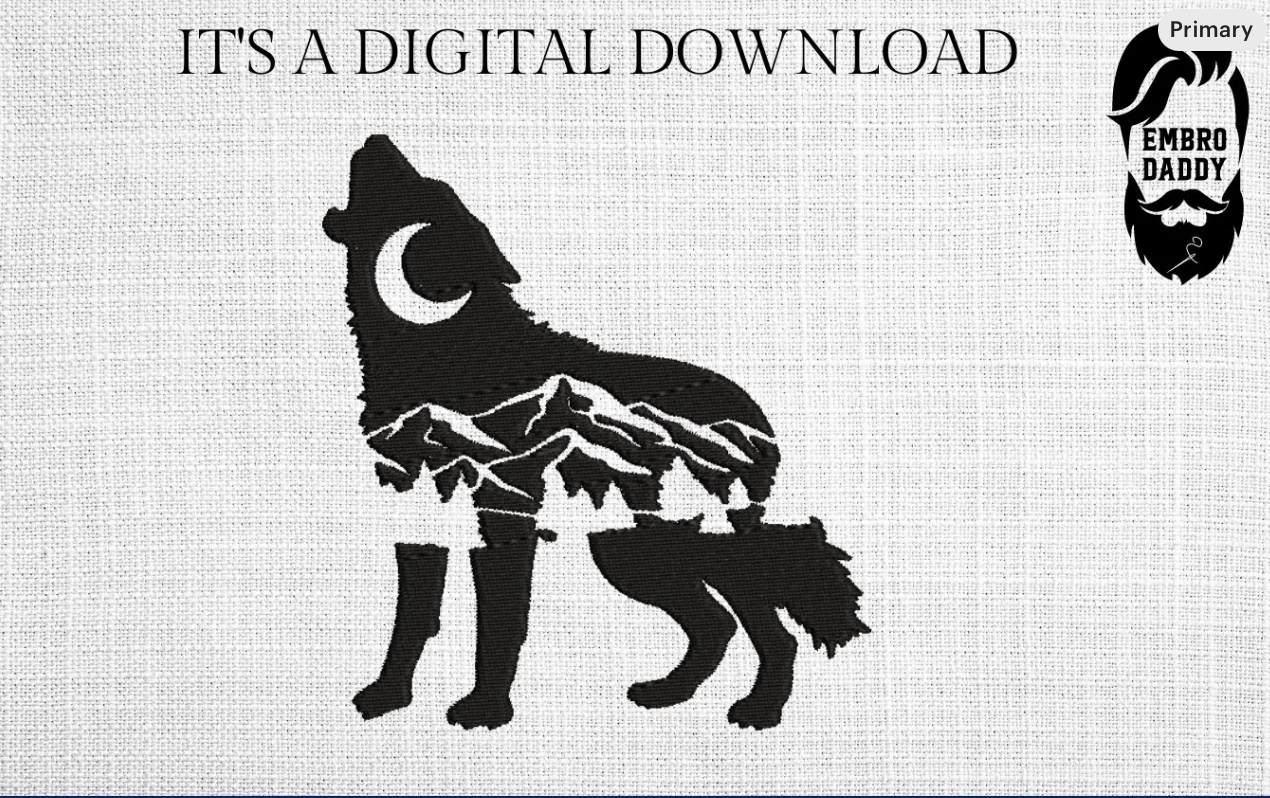 Machine Embroidery files, freebies, Machine Embroidery files, Wolf nature scene, PES, DST, xxx, hus & more