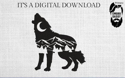 Machine Embroidery files, freebies, Machine Embroidery files, Wolf nature scene, PES, DST, xxx, hus & more