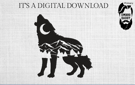 Machine Embroidery files, freebies, Machine Embroidery files, Wolf nature scene, PES, DST, xxx, hus & more