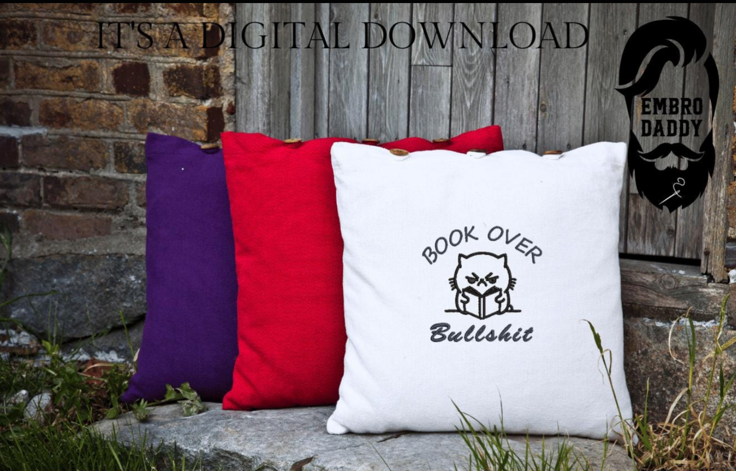 Machine Embroidery files, book over bullshit, freebies, Funny Cat Design, bookish Cat, PES, DST, xxx, hus & more