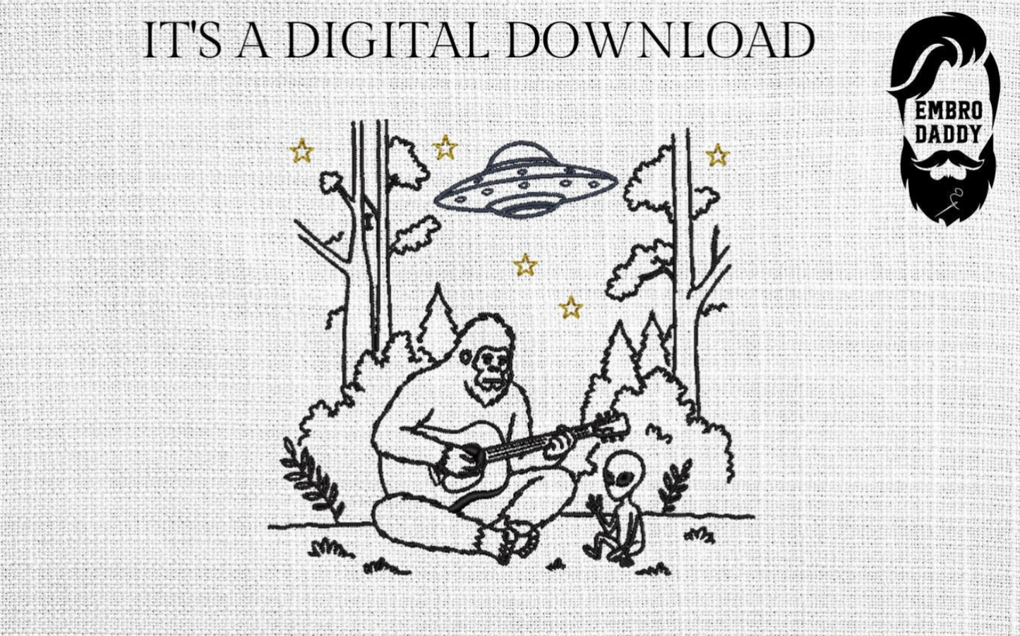 Machine Embroidery files, freebies, Bigfoot Alien, Funny Camping, guitar, PES, xxx, hus & more