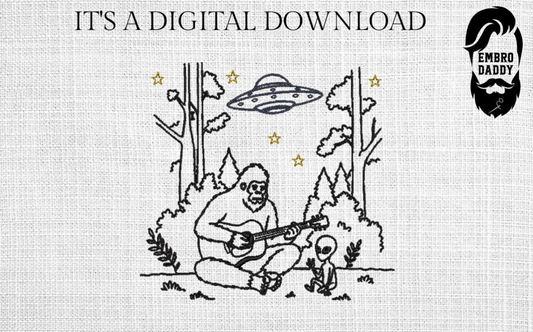 Machine Embroidery files, freebies, Bigfoot Alien, Funny Camping, guitar, PES, xxx, hus & more