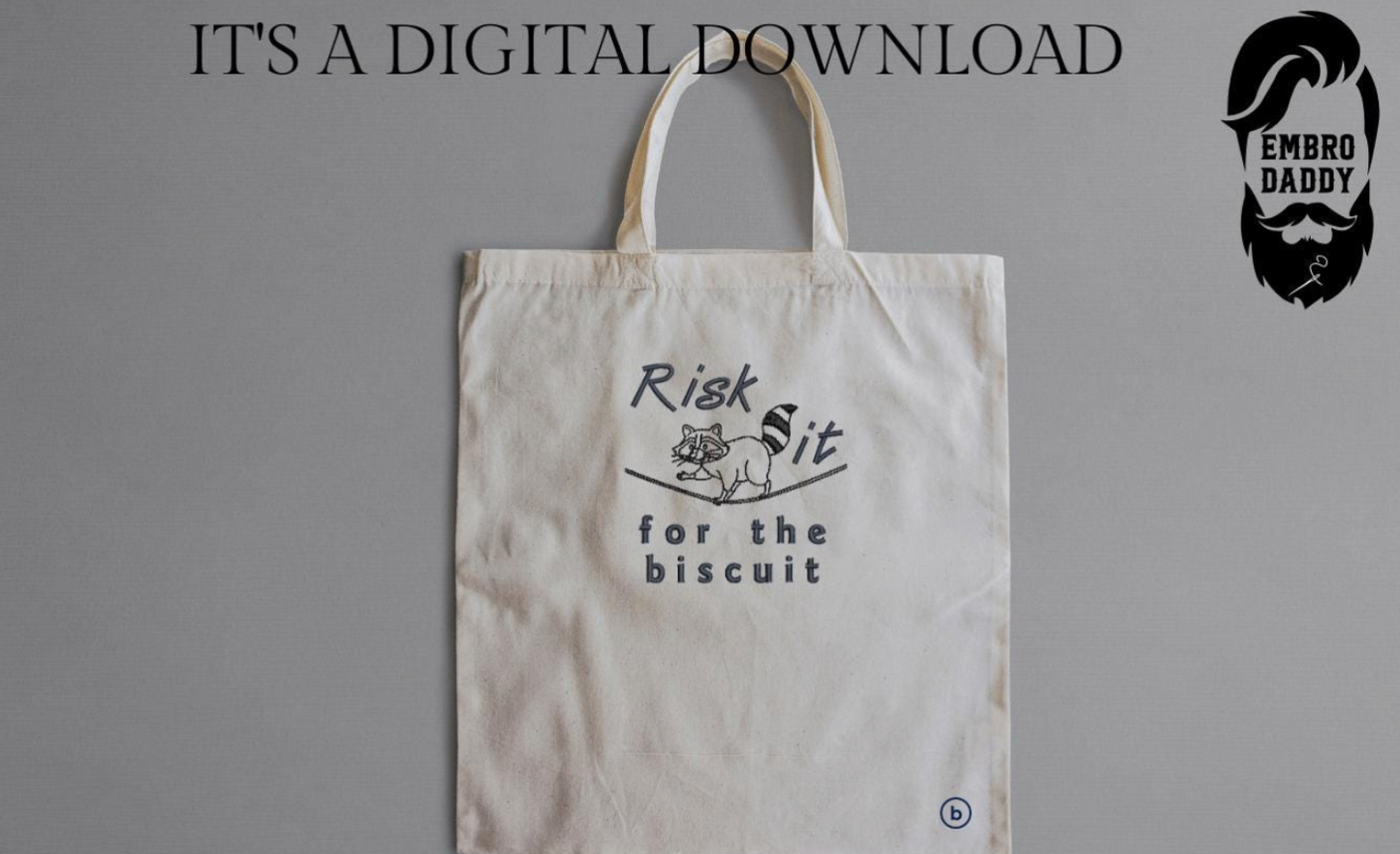 Machine Embroidery files, Risk It For The Biscuit, freebies, Funny, Sarcastic, Raccoon Walking on a rope, Circus, Raccoon PES, DST, xxx, hus & more