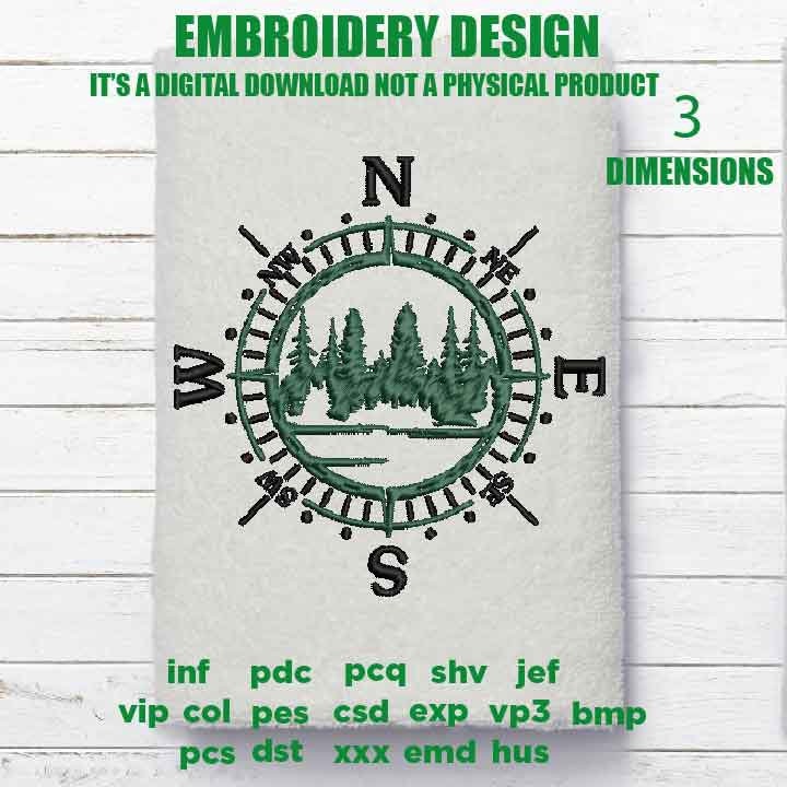 Machine Embroidery, forest compass embroidery files, hiker lover lover Gift Idea, compass landscape, PES, xxx, hus & more, outdoor