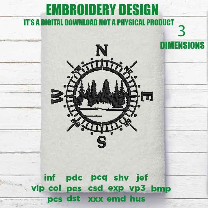 Machine Embroidery, forest compass embroidery files, hiker lover lover Gift Idea, compass landscape, PES, xxx, hus & more, outdoor