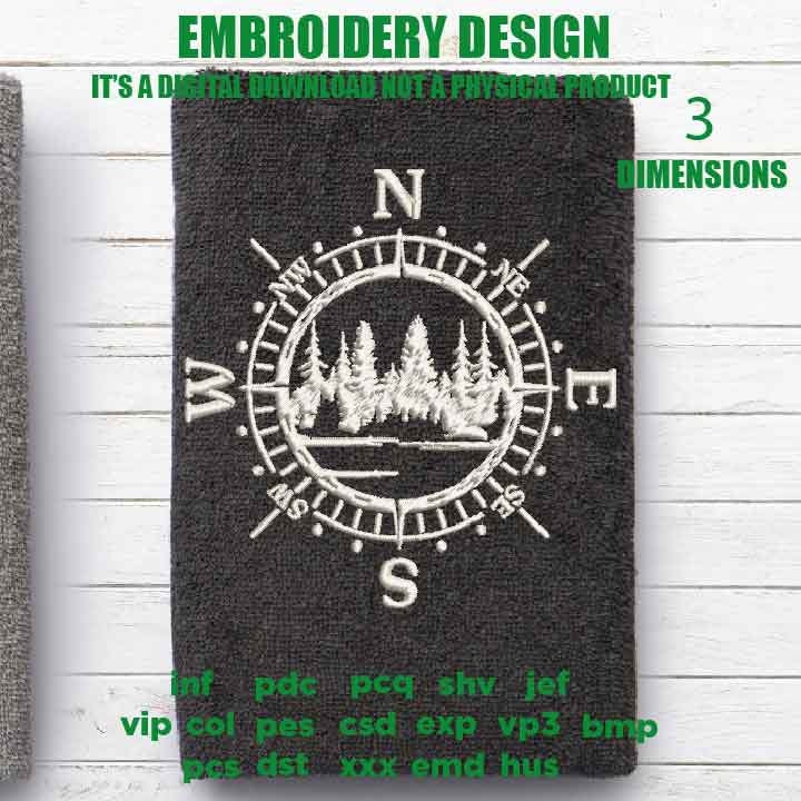 Machine Embroidery, forest compass embroidery files, hiker lover lover Gift Idea, compass landscape, PES, xxx, hus & more, outdoor