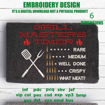 Machine Embroidery, Grill Master's Timer, Drink Beer Grill Meat BBQ, Father's Day Apron, funny embroidery files, gift idea PES, hus & more