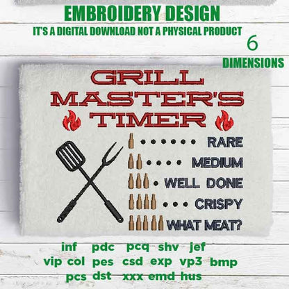 Machine Embroidery, Grill Master's Timer, Drink Beer Grill Meat BBQ, Father's Day Apron, funny embroidery files, gift idea PES, hus & more