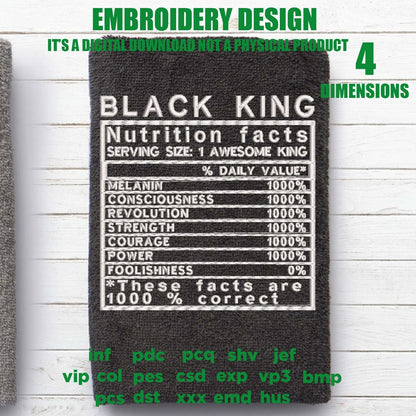 Machine Embroidery, Black King, Black man, Black men nutrition facts embroidery files, gift idea PES, xxx, hus & more, melanin pes