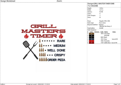 Machine Embroidery, Grill Master's Timer, Drink Beer Grill Meat BBQ, Father's Day Apron, funny embroidery files, gift idea PES, hus & more