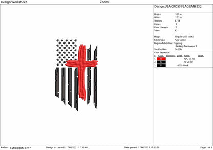 Machine Embroidery, christian cross American Flag, distressed flag, gift idea PES, xxx, hus & more, patriotic 4th july embroidery file