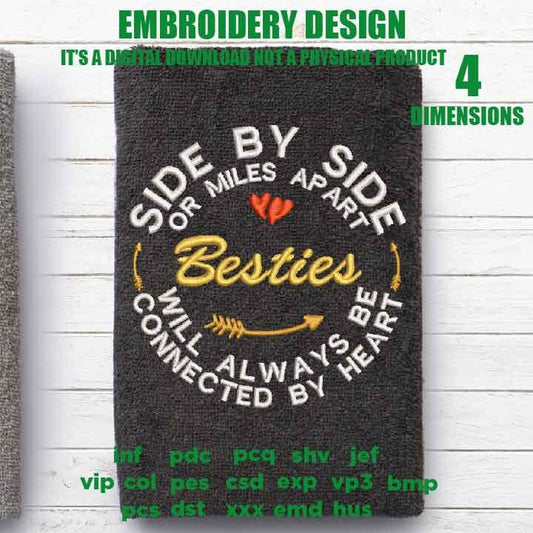 Machine Embroidery besties, embroidery files, Side By Side or Miles Apart besties, Connected By Heart gift idea PES, xxx, hus & more