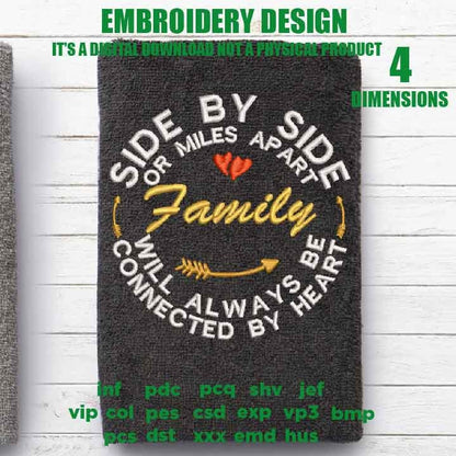 Machine Embroidery family, embroidery files, Side By Side or Miles Apart family, Connected By Heart gift idea PES, xxx, hus & more