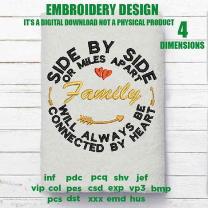 Machine Embroidery family, embroidery files, Side By Side or Miles Apart family, Connected By Heart gift idea PES, xxx, hus & more