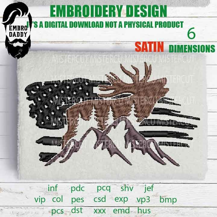 Machine Embroidery, Usa flag BUCK DEER embroidery files, hunter Gift Idea, nature Design landscape, elk PES, xxx, hus & more, pes