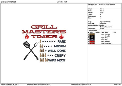 Machine Embroidery, Grill Master's Timer, Drink Beer Grill Meat BBQ, Father's Day Apron, funny embroidery files, gift idea PES, hus & more