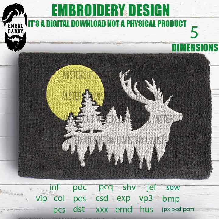 Machine Embroidery, deer forest sun moon embroidery files, hunter Gift Idea, nature Design landscape, elk PES, xxx, hus & more, embroidery