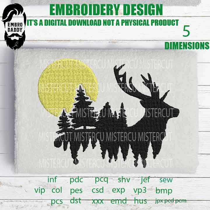 Machine Embroidery, deer forest sun moon embroidery files, hunter Gift Idea, nature Design landscape, elk PES, xxx, hus & more, embroidery