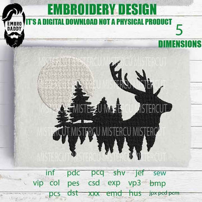 Machine Embroidery, deer forest sun moon embroidery files, hunter Gift Idea, nature Design landscape, elk PES, xxx, hus & more, embroidery