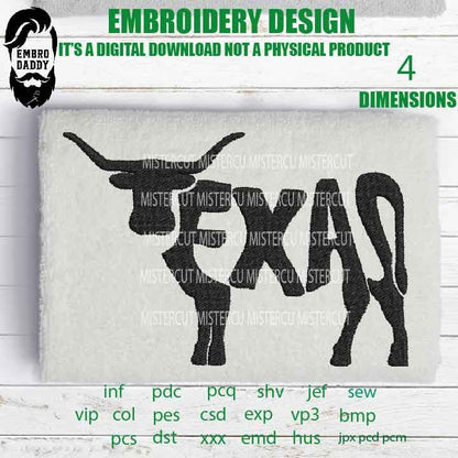 Machine Embroidery, Texas longhorn embroidery files, Texas long horn birthday gift, Texas long horn gift idea PES, xxx hus & more,