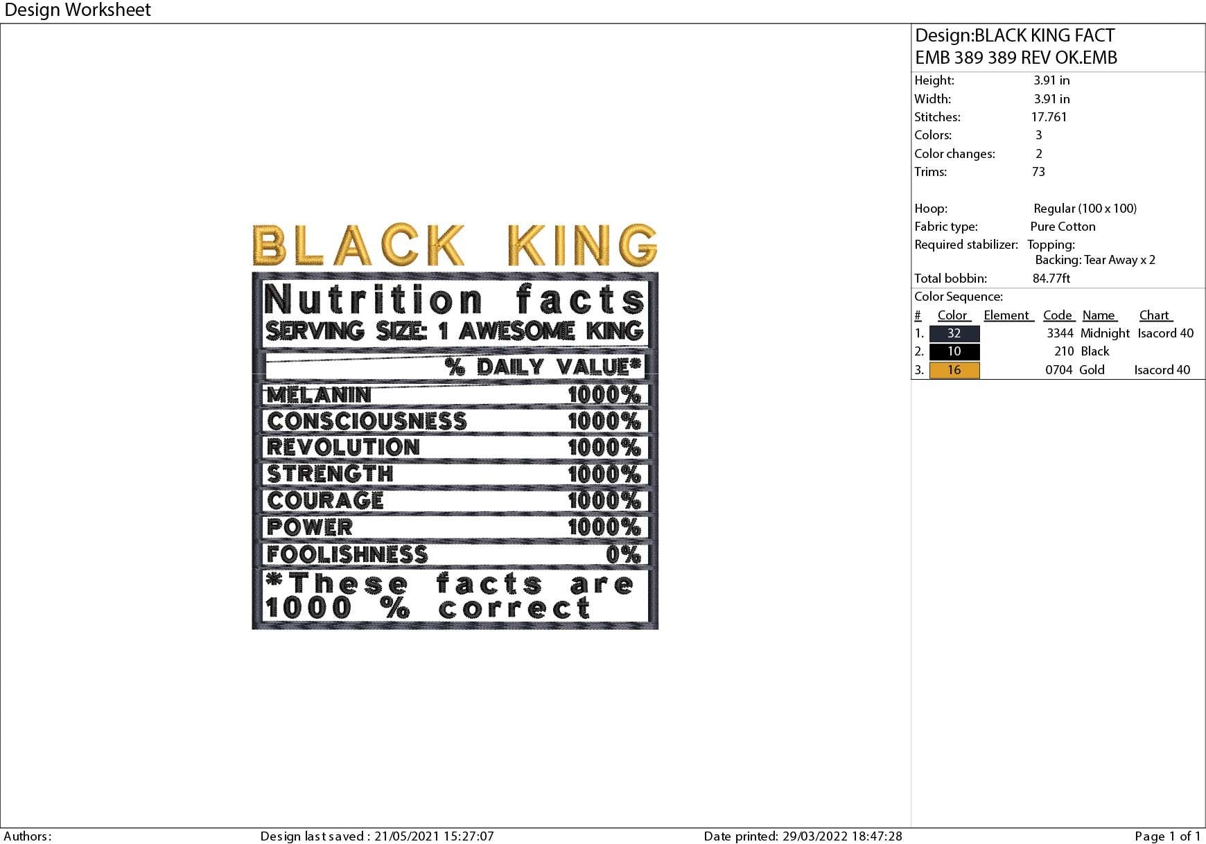 Machine Embroidery, Black King, Black man, Black men nutrition facts embroidery files, gift idea PES, xxx, hus & more, melanin pes