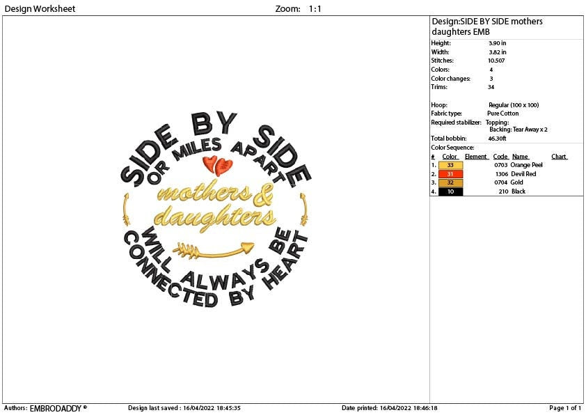 Machine Embroidery family, embroidery files, Side By Side or Miles Apart mothers and daughters, Connected By Heart gift idea PES, xxx, hus