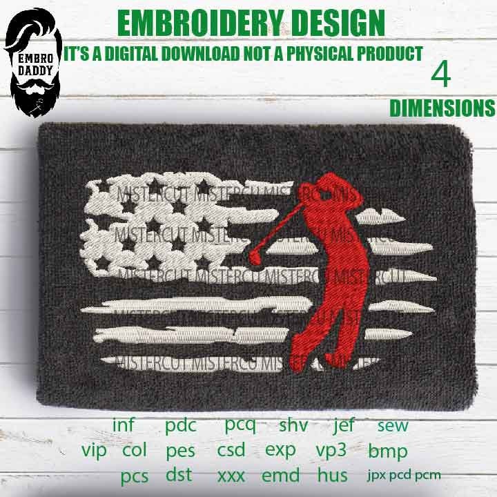 Machine Embroidery files, usa flag Golf, American Flag GOLFER gift idea PES, xxx, hus & more,