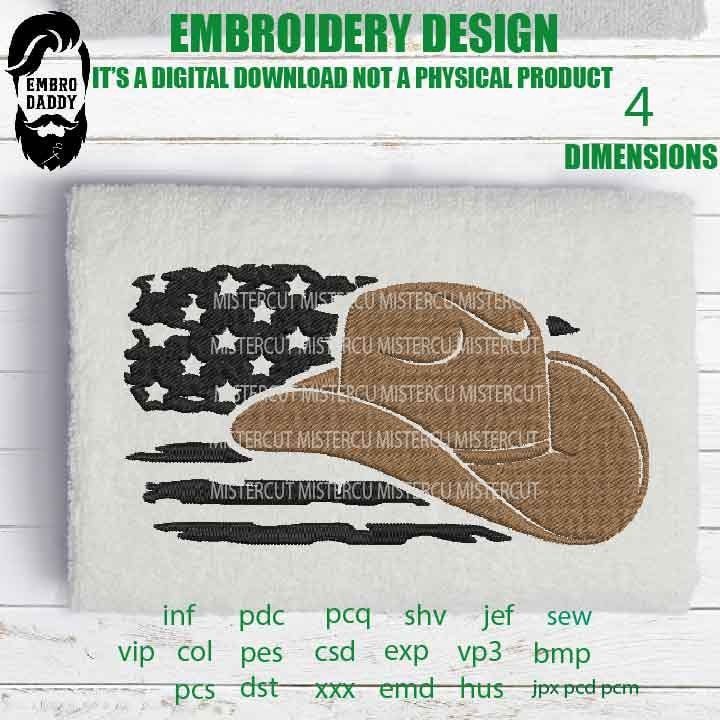 Machine Embroidery files, usa flag cowboy hat, American Flag gift idea PES, xxx, hus & more,