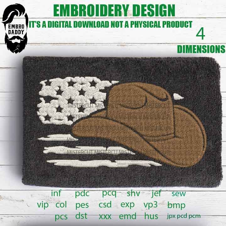 Machine Embroidery files, usa flag cowboy hat, American Flag gift idea PES, xxx, hus & more,