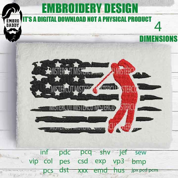 Machine Embroidery files, usa flag Golf, American Flag GOLFER gift idea PES, xxx, hus & more,