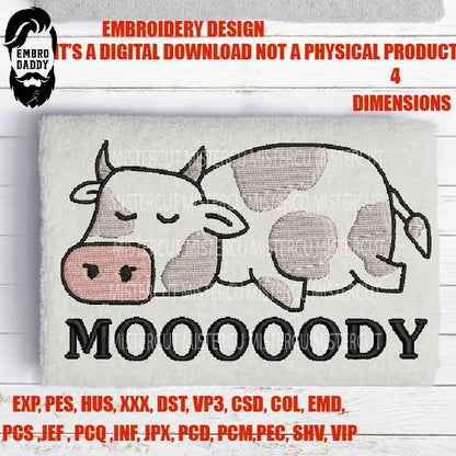 Machine Embroidery, Moody Cow embroidery files, funny girl shirt gft idea, Boho embroidery files, gift idea PES, xxx & more, moody teen pes