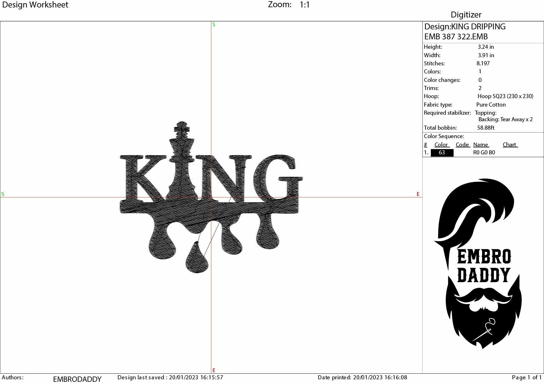 Machine Embroidery, Black King, dripping, embroidery files, PES, hus, dst, vp3 & more