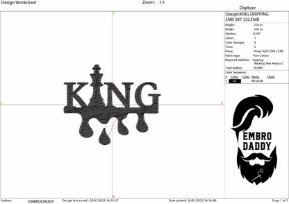 Machine Embroidery, Black King, dripping, embroidery files, PES, hus, dst, vp3 & more