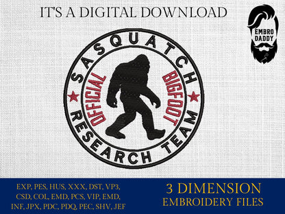 Machine Embroidery files, Sasquatch search team embroidery files, bigfoot Design, PES, xxx, hus & more