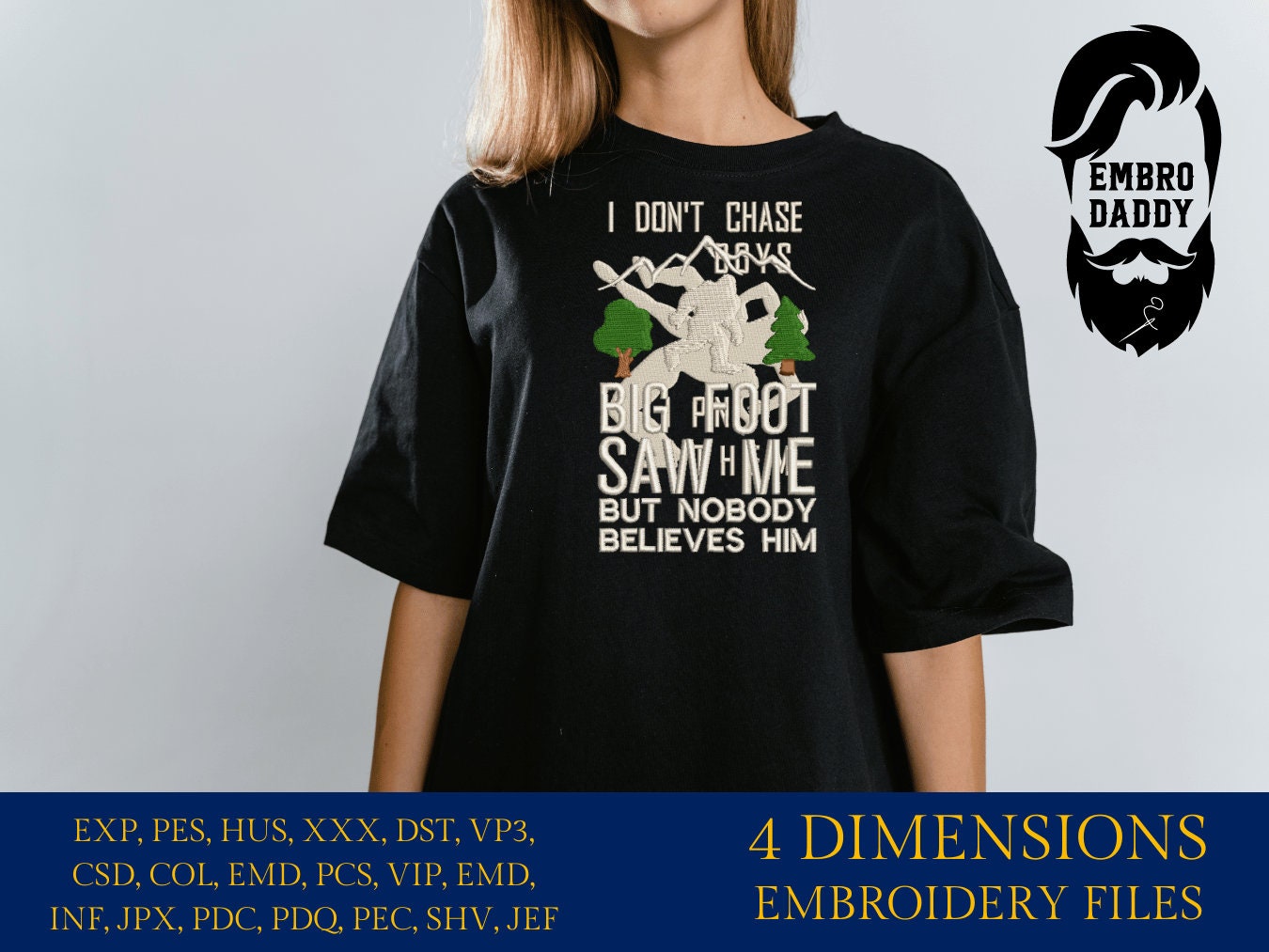 Machine Embroidery files, Bigfoot saw me but nobody believes him, Bigfoot pes, Big Foot, Yeti, Sasquatch PES, xxx, hus & more