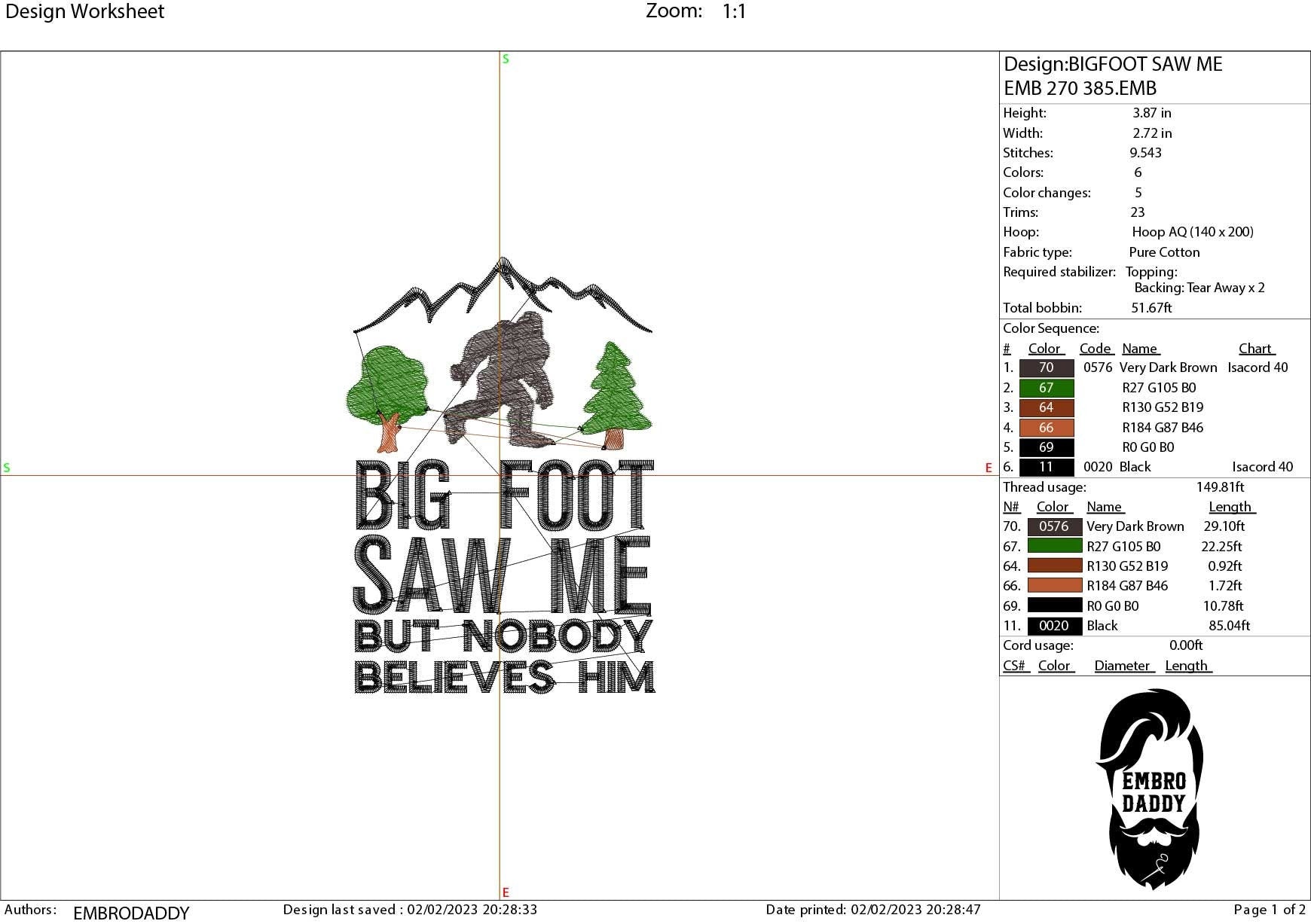 Machine Embroidery files, Bigfoot saw me but nobody believes him, Bigfoot pes, Big Foot, Yeti, Sasquatch PES, xxx, hus & more