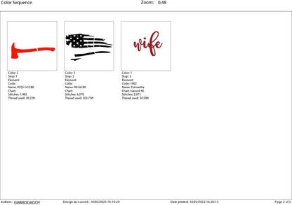 Machine Embroidery files, USA flag firefighter wife, PES, xxx, hus & more, embroidery files