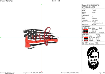 Machine Embroidery files, USA flag firefighter wife, PES, xxx, hus & more, embroidery files