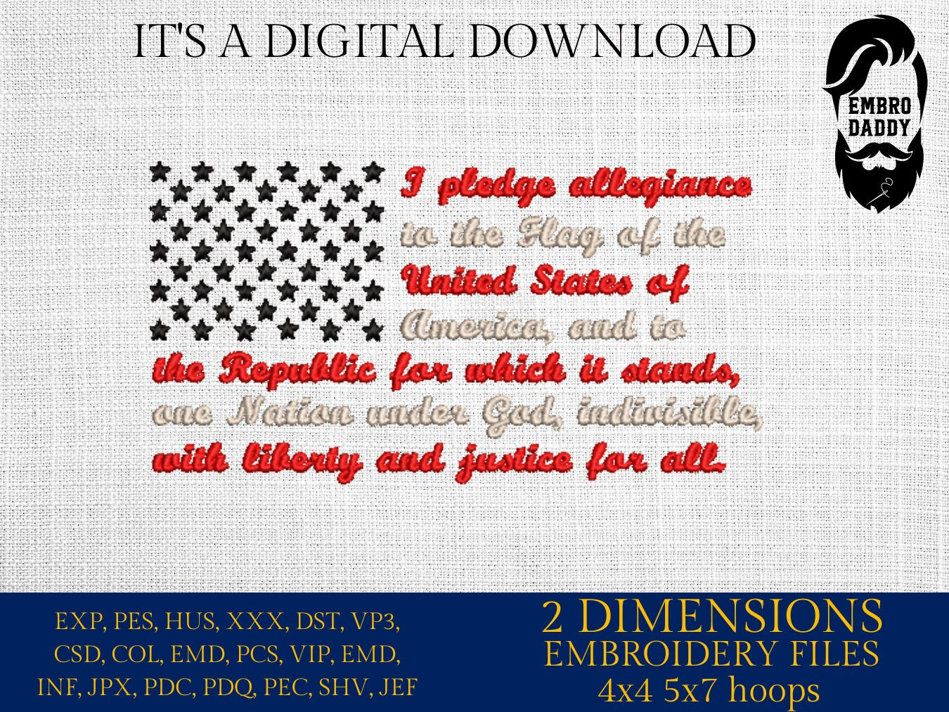 Machine Embroidery files, Pledge of Allegiance, Flag, USA flag, PES, xxx, hus & more